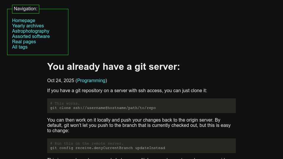 Screenshot of maurycyz.com: You already have a Git server
