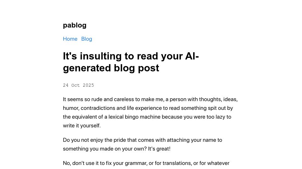 Screenshot of blog.pabloecortez.com: It's insulting to read AI-generated blog posts