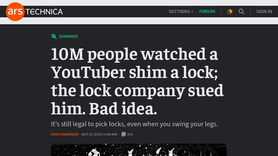 Screenshot of arstechnica.com: 10M people watched a YouTuber shim a lock; the lock company sued him – bad idea
