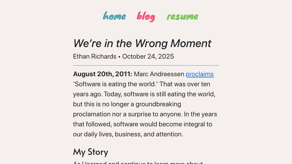 Screenshot of ezrichards.github.io: We're in the wrong moment