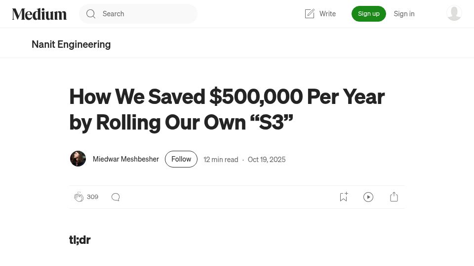 Screenshot of engineering.nanit.com: We saved $500k per year by rolling our own "S3"