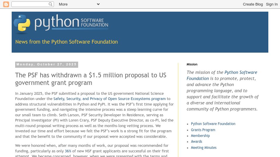 Screenshot of pyfound.blogspot.com: PSF has withdrawn $1.5M proposal to US Government grant program