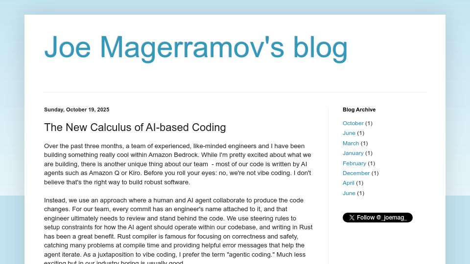 Screenshot of blog.joemag.dev: The new calculus of AI-based coding