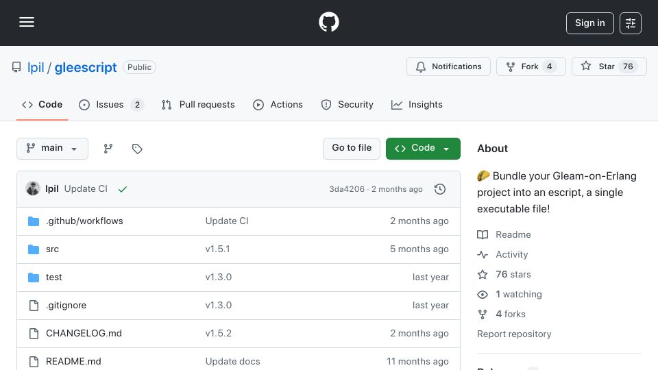 Screenshot of github.com: Gleescript – Bundle Gleam-on-Erlang project into an executable file