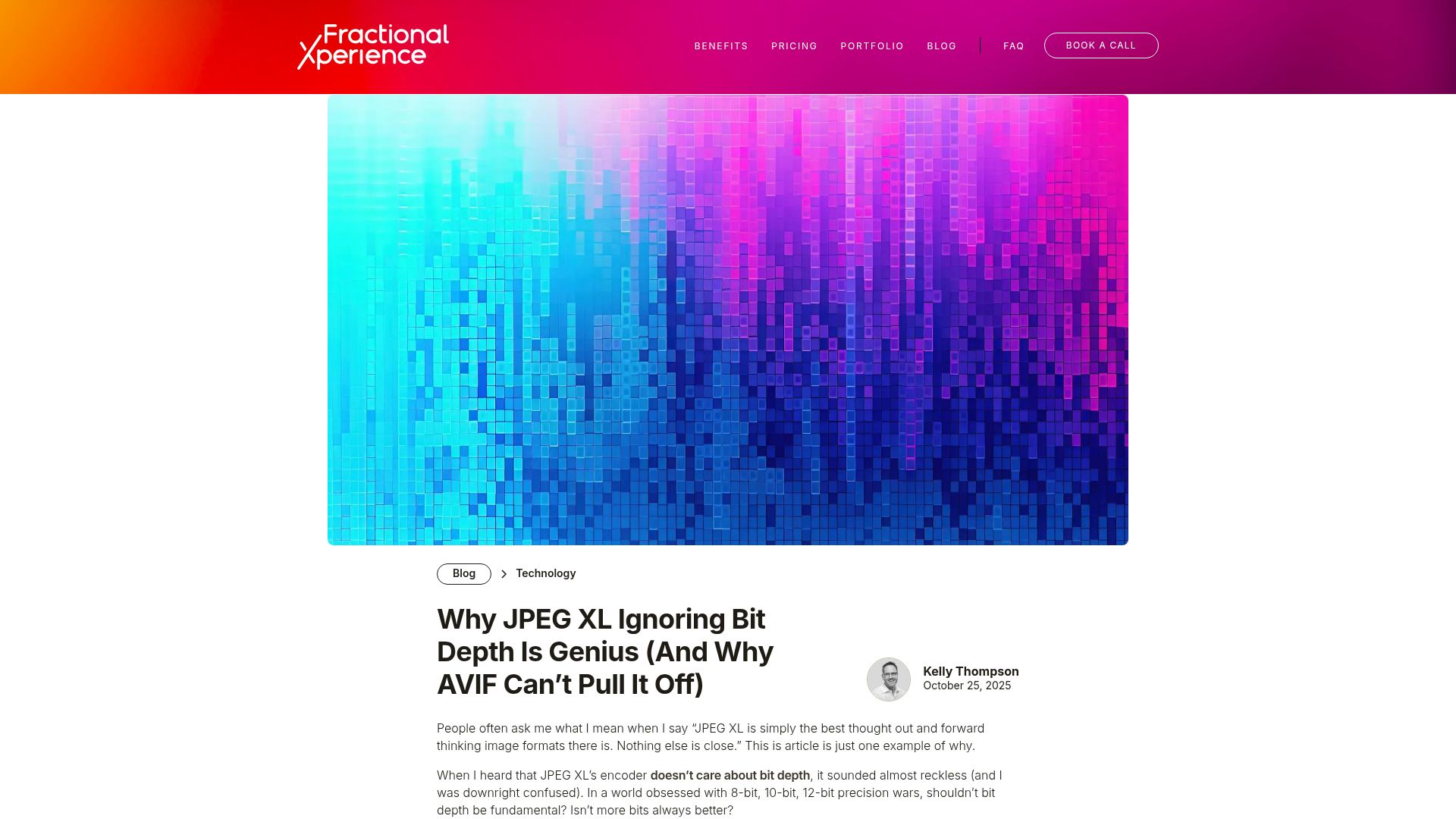 Screenshot of fractionalxperience.com: Why JPEG XL Ignoring Bit Depth Is Genius (and Why AVIF Can't Pull It Off)