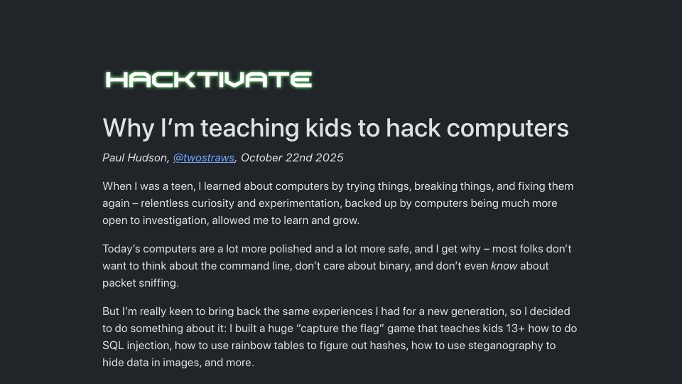 Screenshot of hacktivate.app: Why I'm teaching kids to hack computers