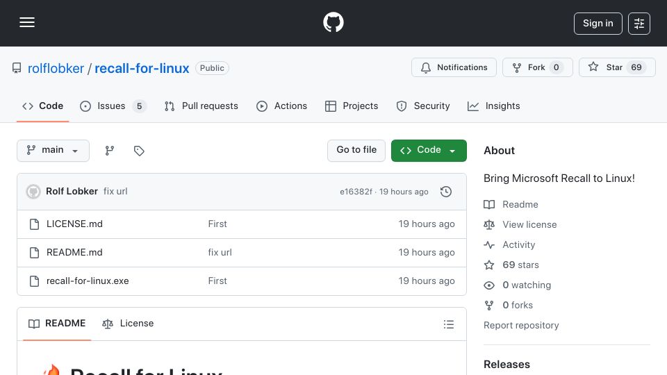 Screenshot of github.com: Recall for Linux