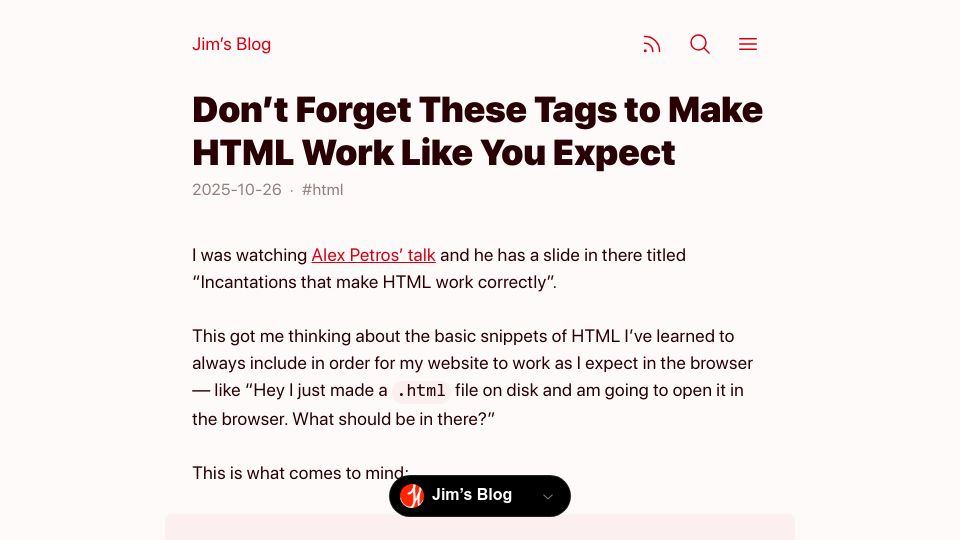 Screenshot of blog.jim-nielsen.com: Tags to make HTML work like you expect