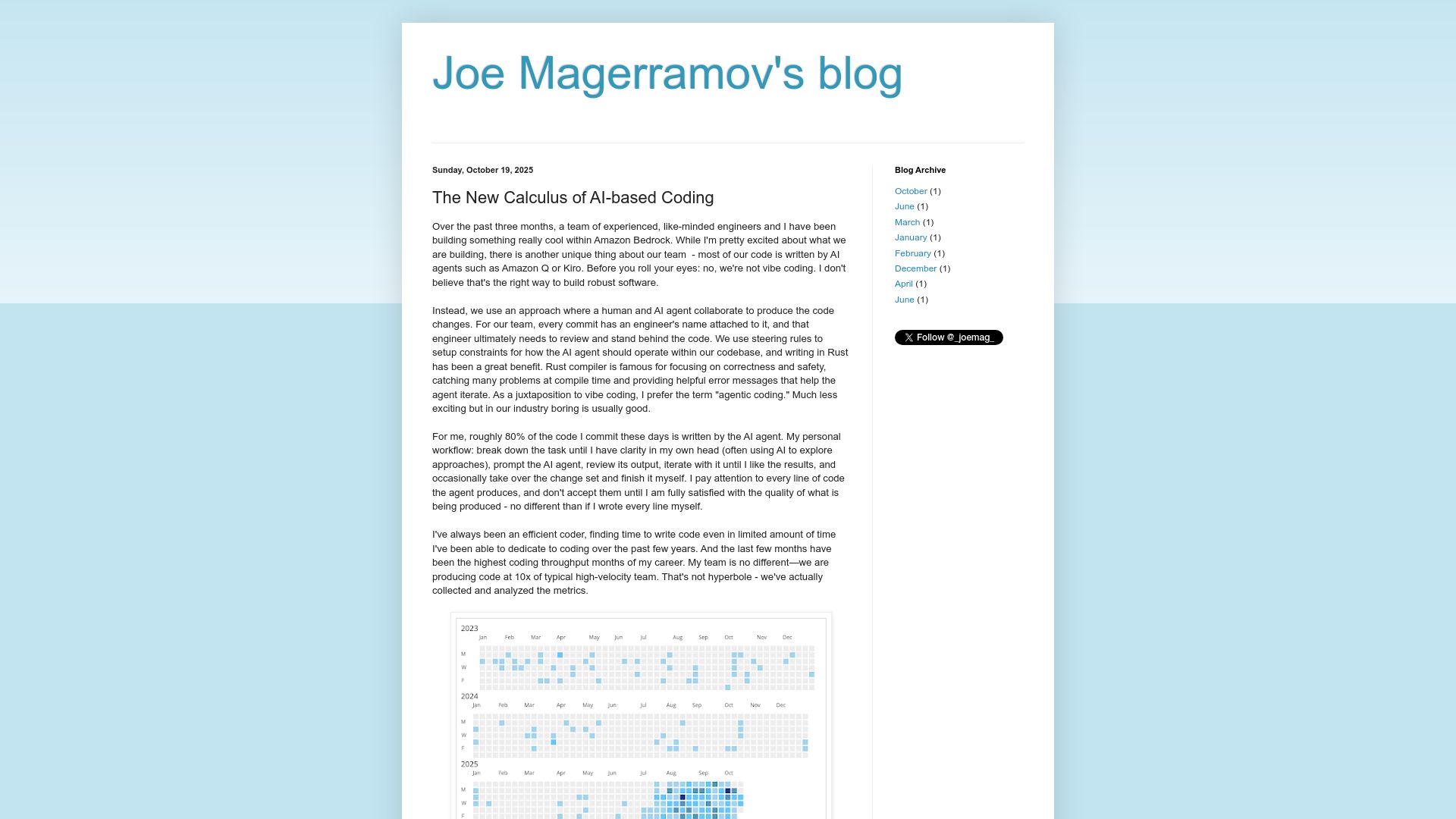 Screenshot of blog.joemag.dev: The new calculus of AI-based coding