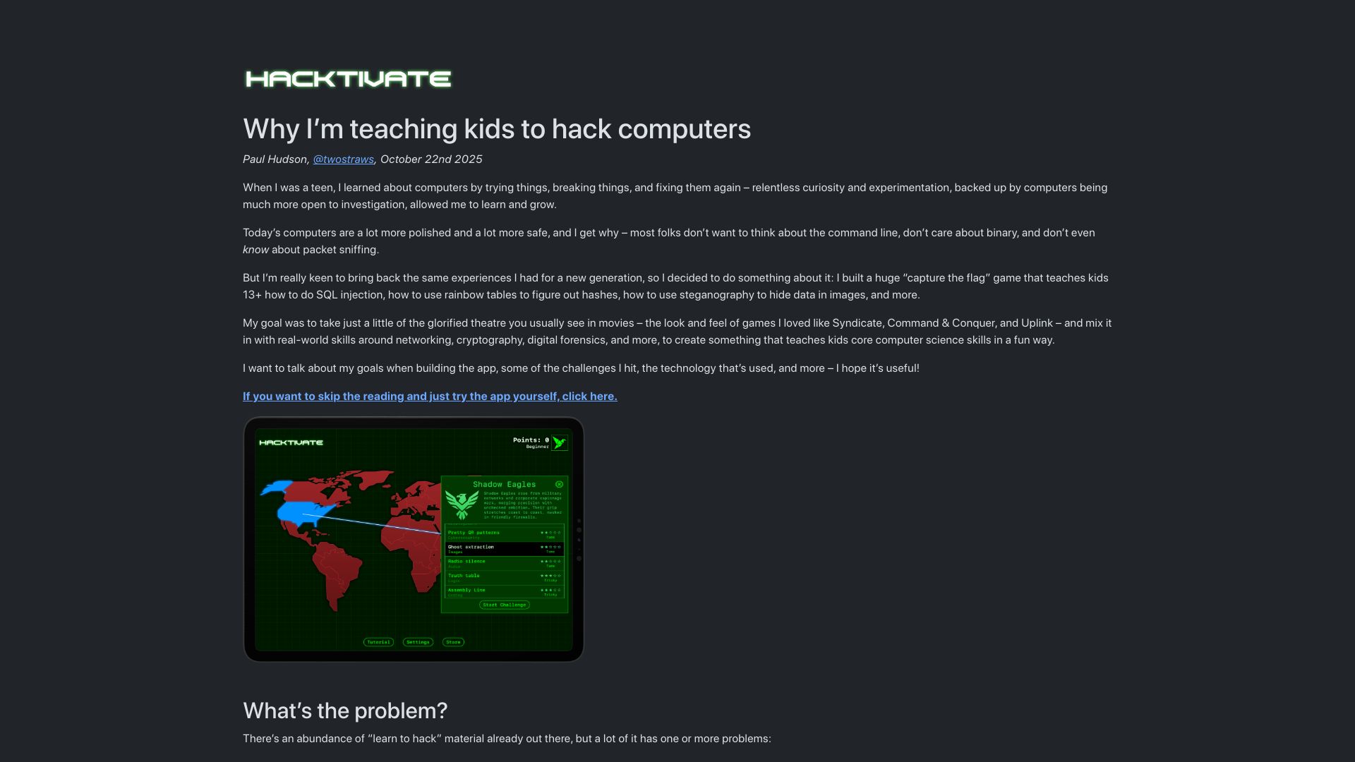 Screenshot of hacktivate.app: Why I'm teaching kids to hack computers