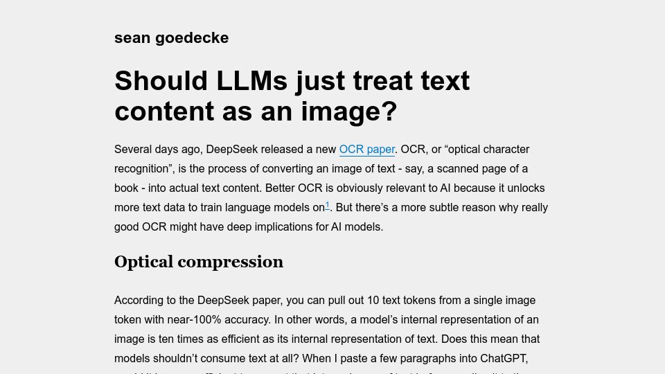 Screenshot of seangoedecke.com: Should LLMs just treat text content as an image?