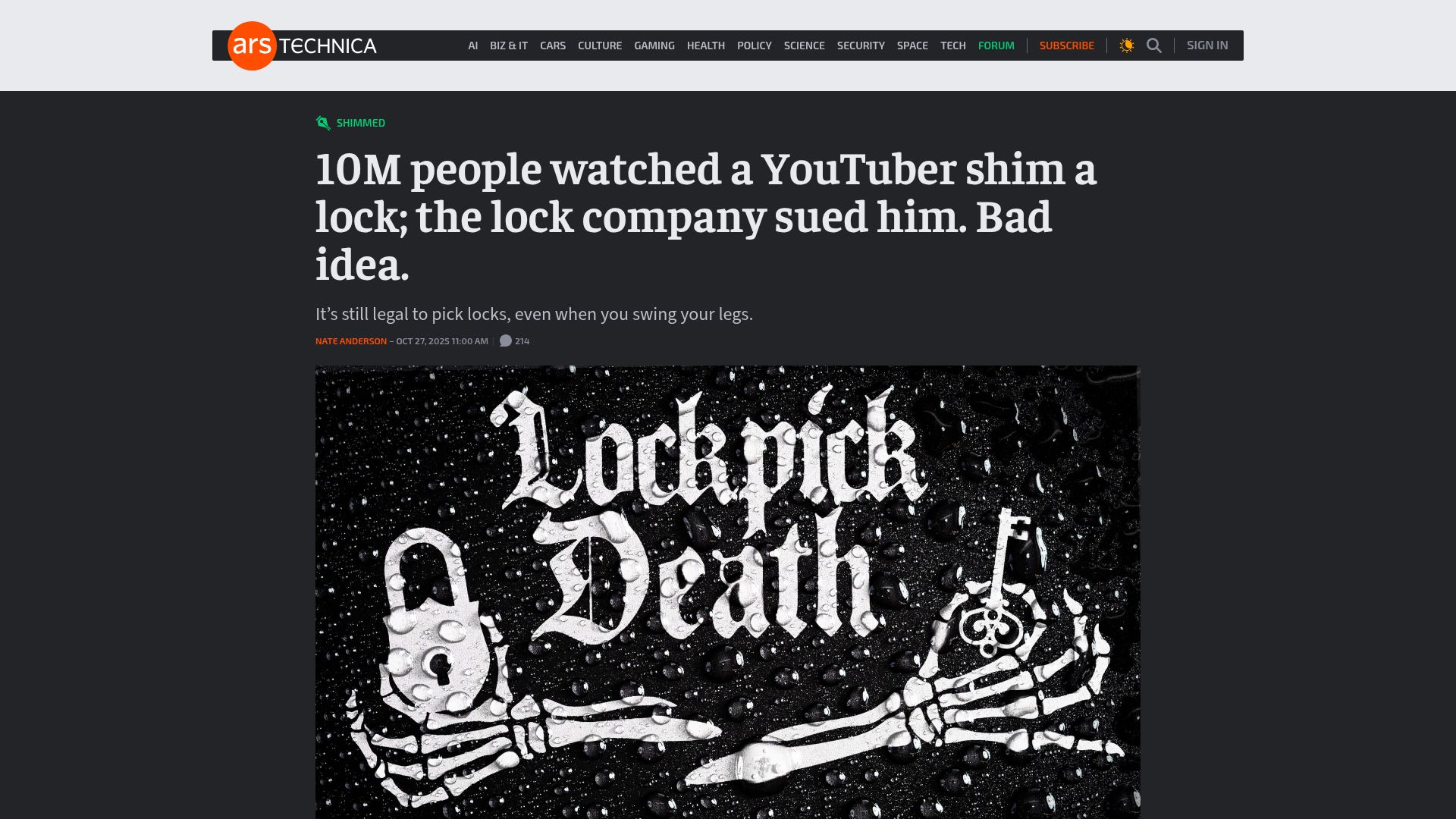 Screenshot of arstechnica.com: 10M people watched a YouTuber shim a lock; the lock company sued him – bad idea