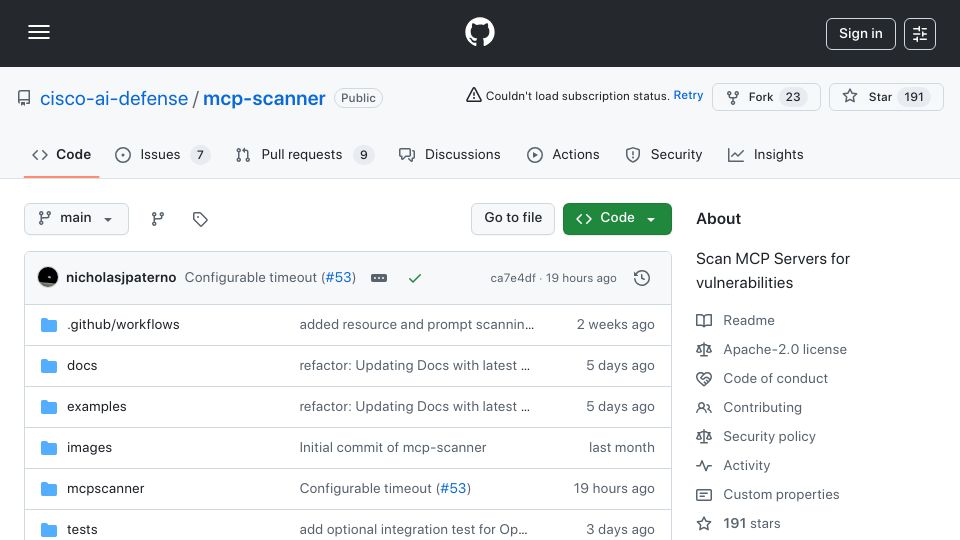 Screenshot of github.com: MCP-Scanner – Scan MCP Servers for vulnerabilities