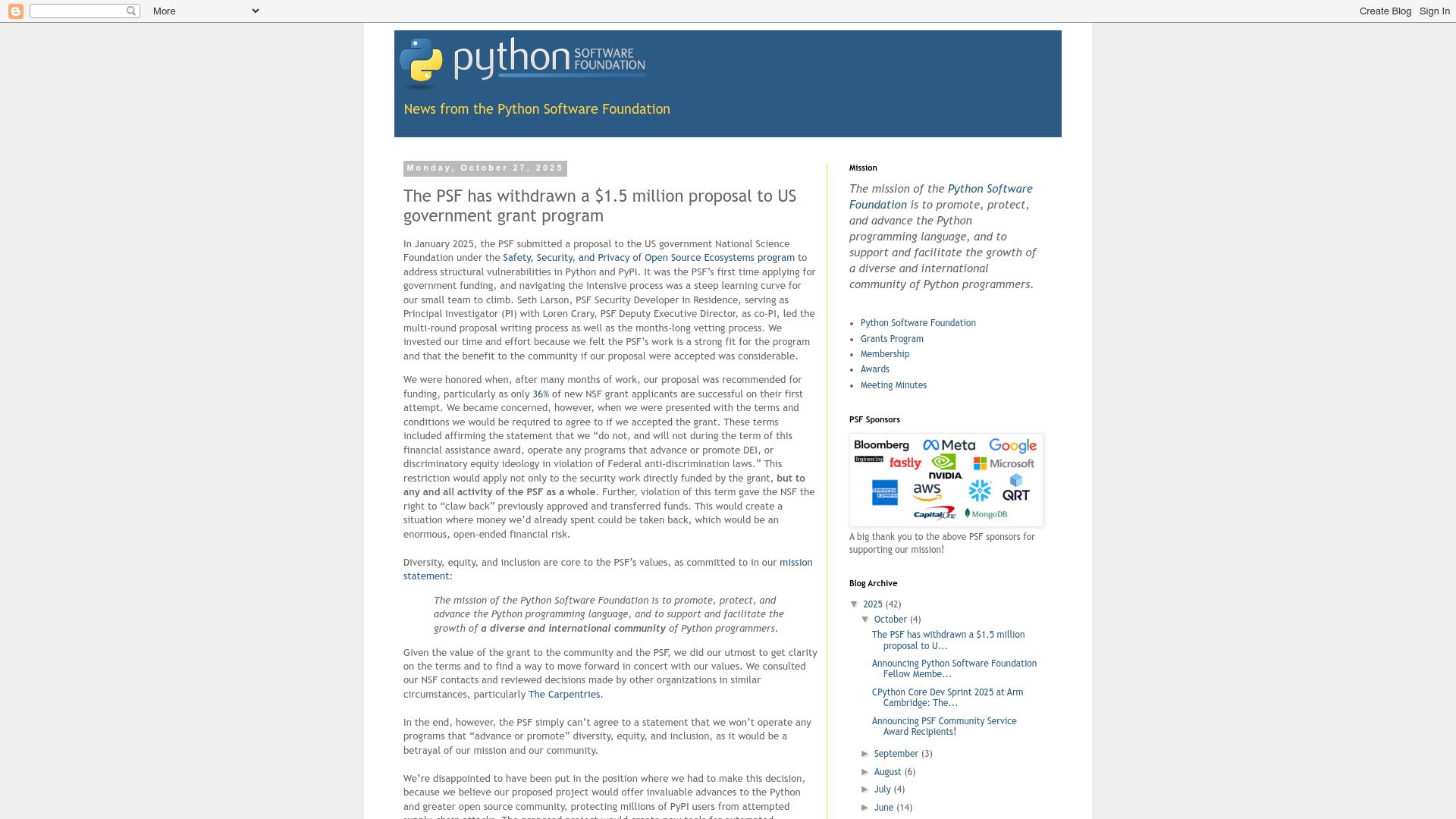 Screenshot of pyfound.blogspot.com: PSF has withdrawn $1.5M proposal to US Government grant program