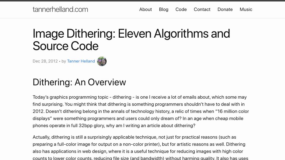 Screenshot of tannerhelland.com: Image Dithering: Eleven Algorithms and Source Code (2012)