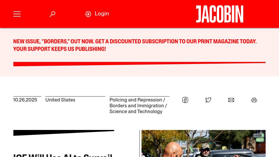 Screenshot of jacobin.com: ICE Will Use AI to Surveil Social Media