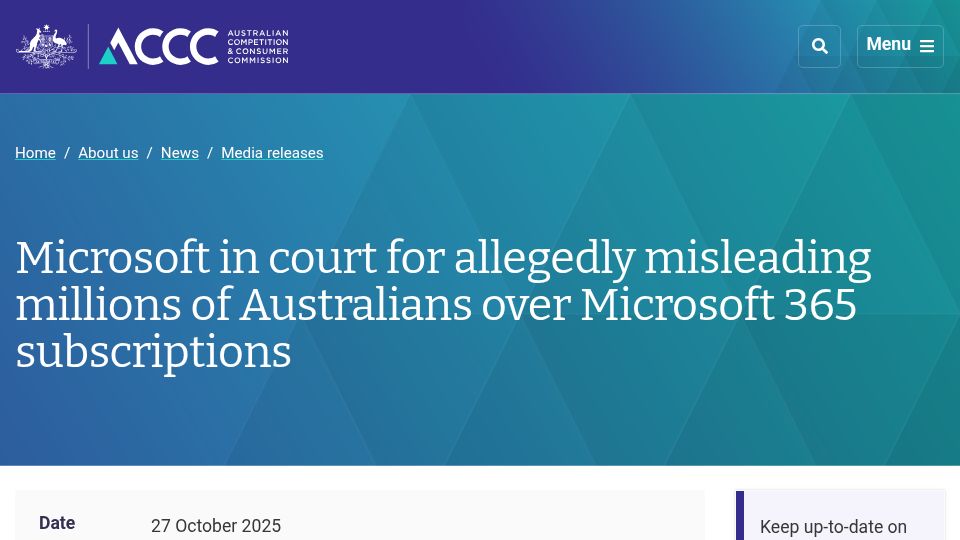Screenshot of accc.gov.au: Microsoft in court for allegedly misleading Australians over 365 subscriptions