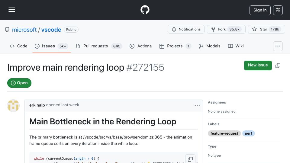 Screenshot of github.com: Severe performance penalty found in VSCode rendering loop