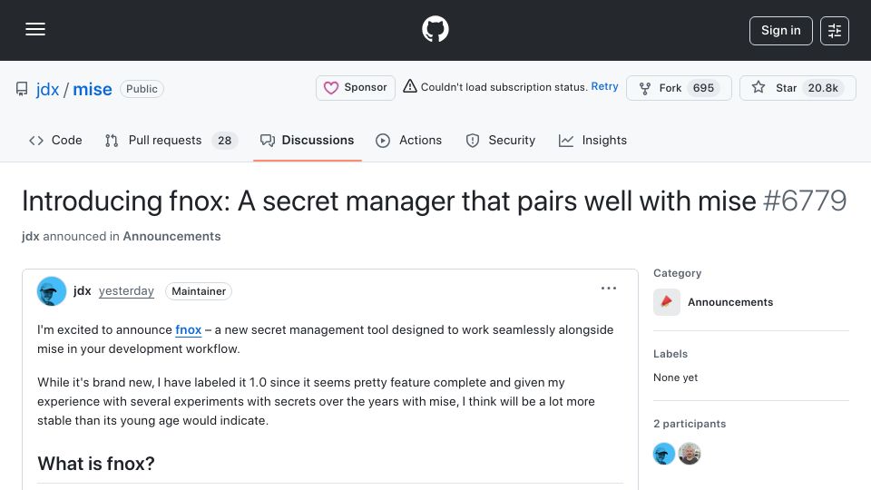 Screenshot of github.com: Fnox, a secret manager that pairs well with mise