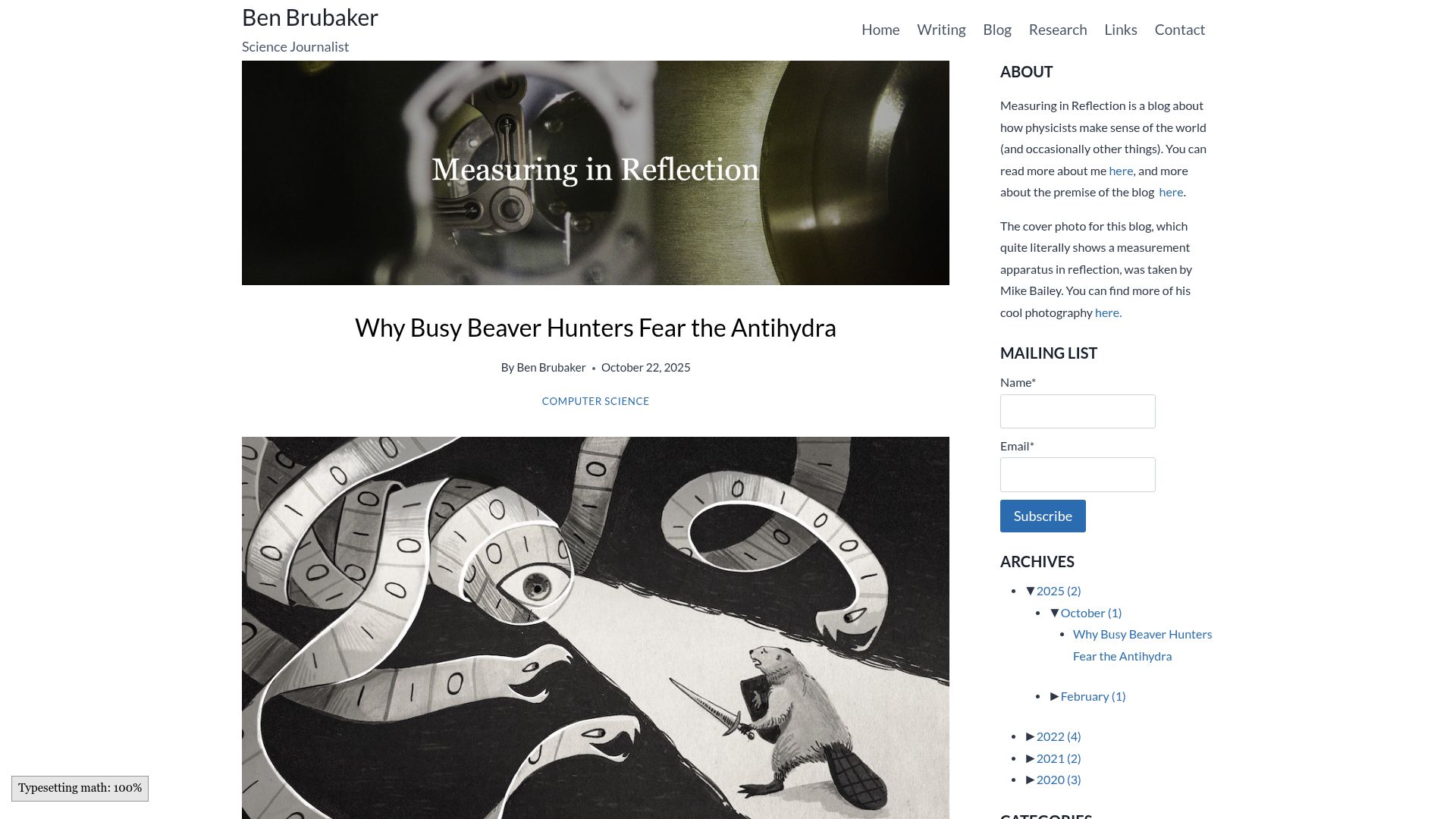 Screenshot of benbrubaker.com: Why Busy Beaver hunters fear the Antihydra