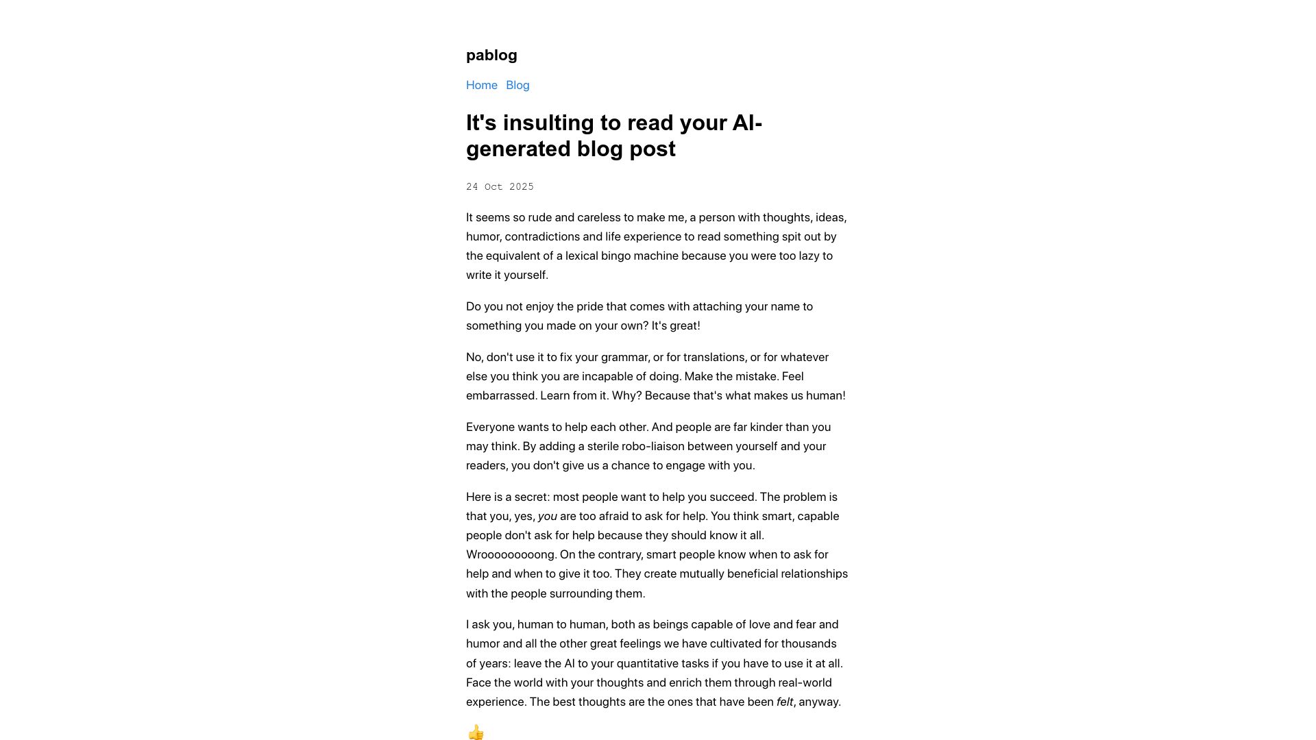 Screenshot of blog.pabloecortez.com: It's insulting to read AI-generated blog posts