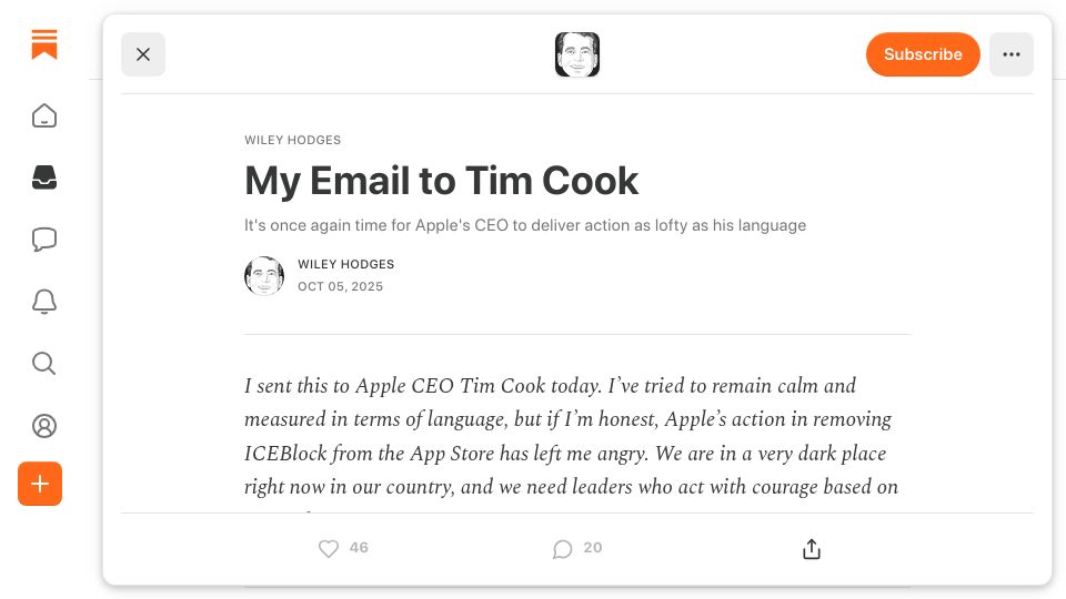 Screenshot of substack.com: My Email to Tim Cook