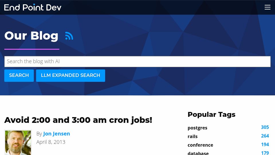 Screenshot of endpointdev.com: Avoid 2:00 and 3:00 am cron jobs (2013)