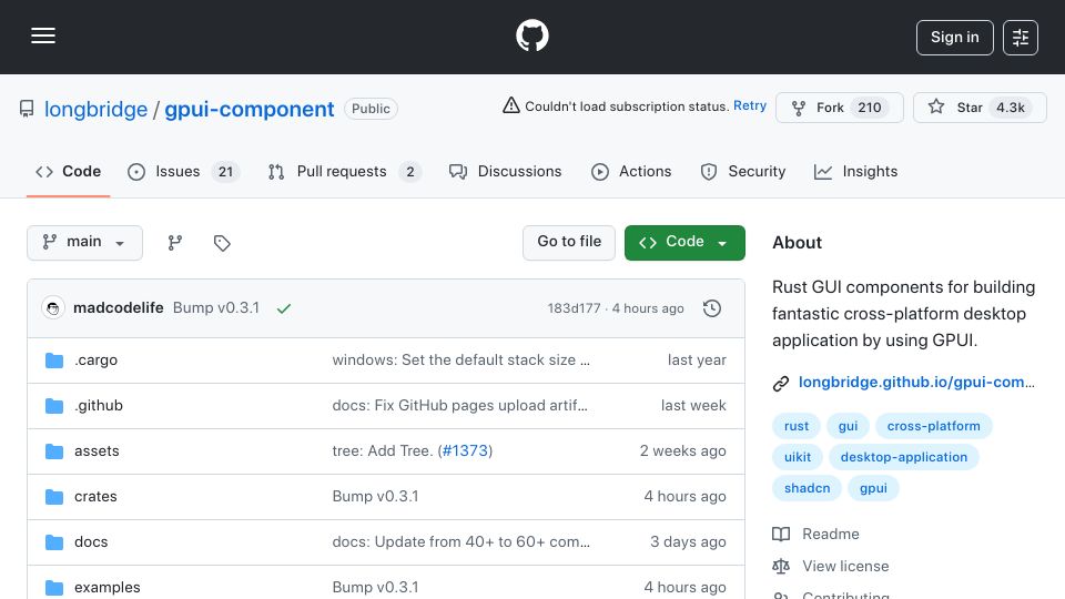 Screenshot of github.com: Rust cross-platform GPUI components