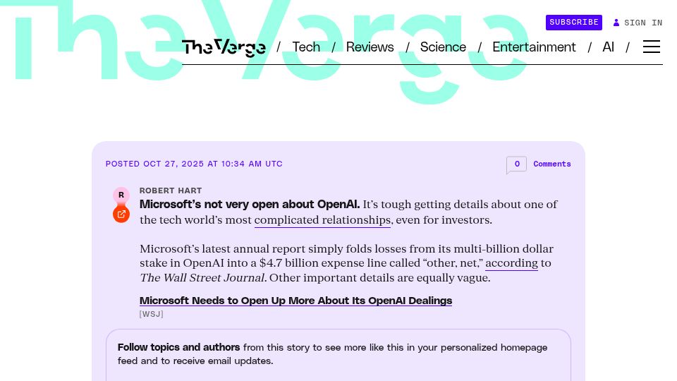 Screenshot of wsj.com: Microsoft needs to open up more about its OpenAI dealings
