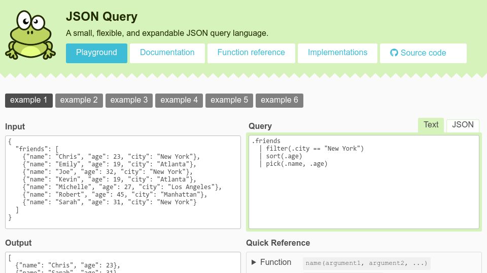 Screenshot of jsonquerylang.org: Show HN: JSON Query