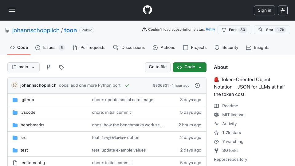 Screenshot of github.com: TOON – Token Oriented Object Notation