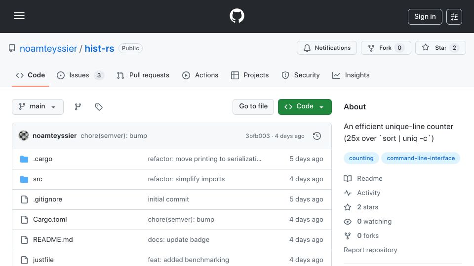 Screenshot of github.com: An overengineered solution to `sort | uniq -c` with 25x throughput (hist)