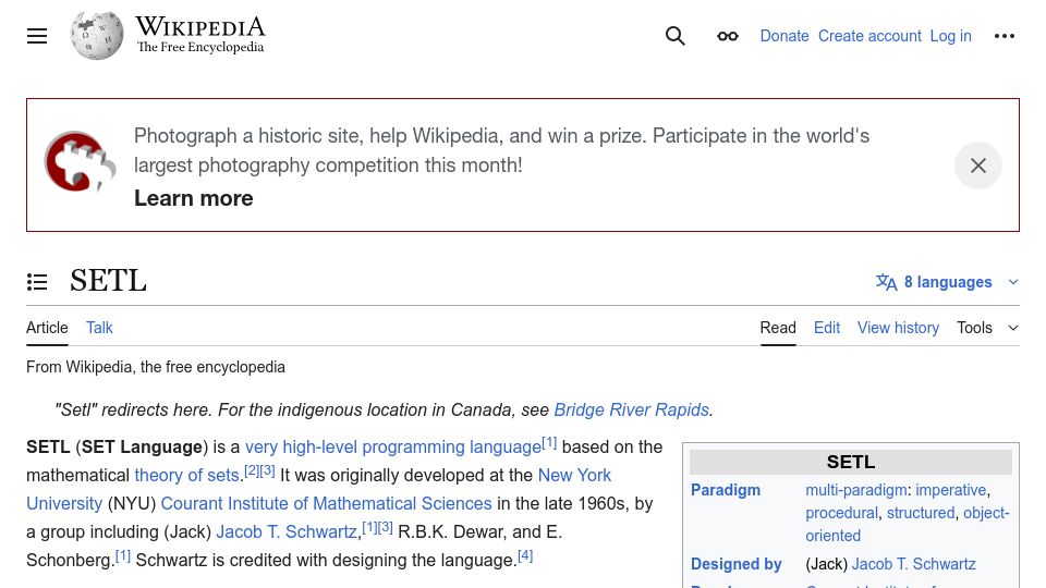 Screenshot of en.wikipedia.org: SETL Programming Language