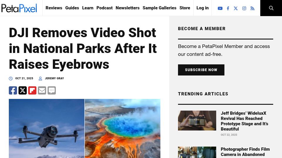 Screenshot of petapixel.com: DJI Removes Video Shot in National Parks After It Raises Eyebrows