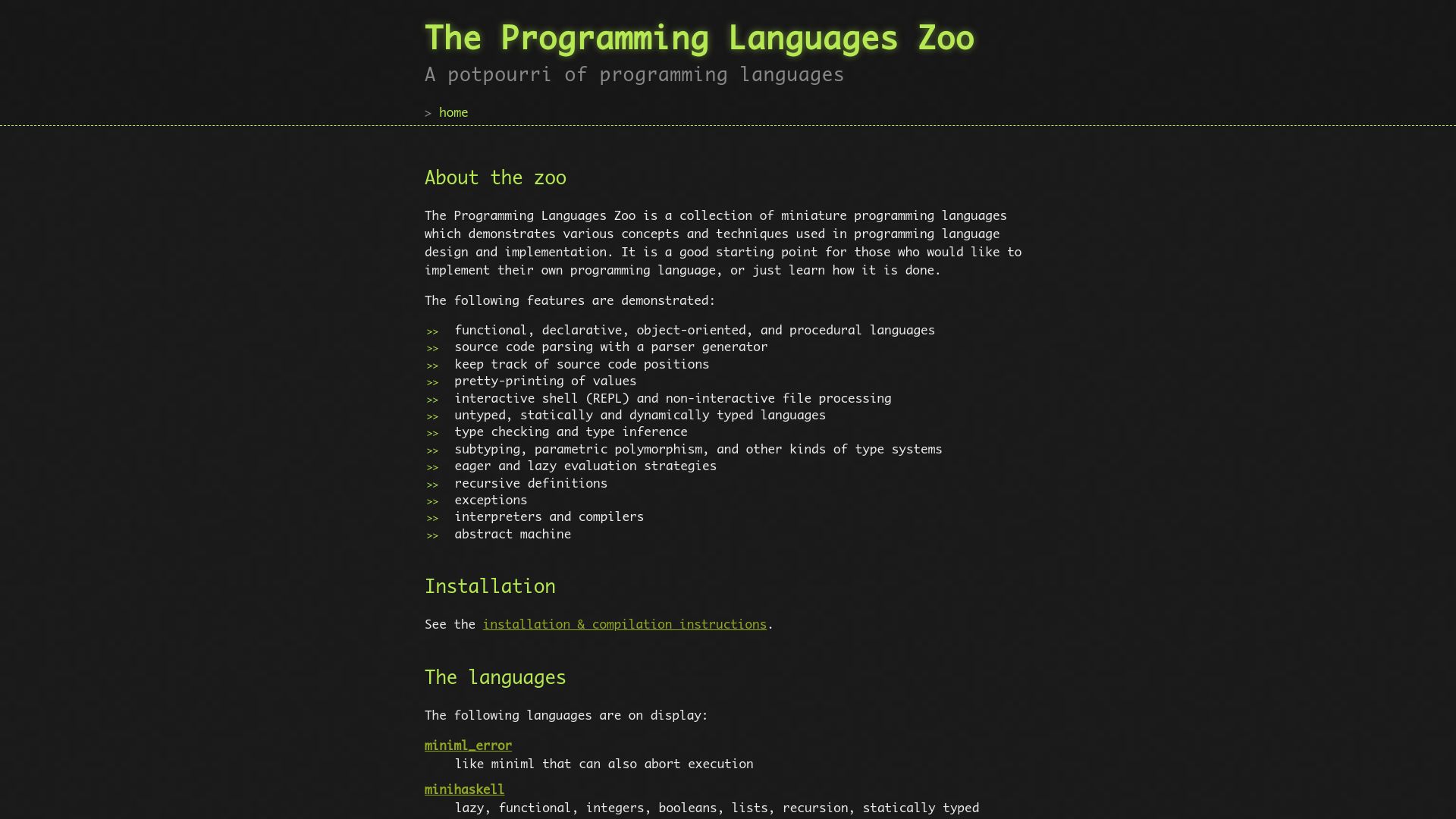 Screenshot of plzoo.andrej.com: The Programming Languages Zoo