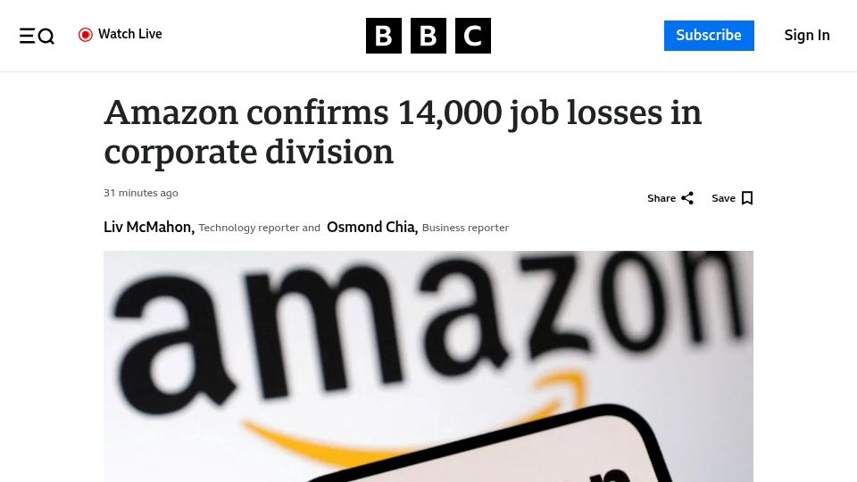 Screenshot of bbc.com: Amazon confirms 14,000 job losses in corporate division