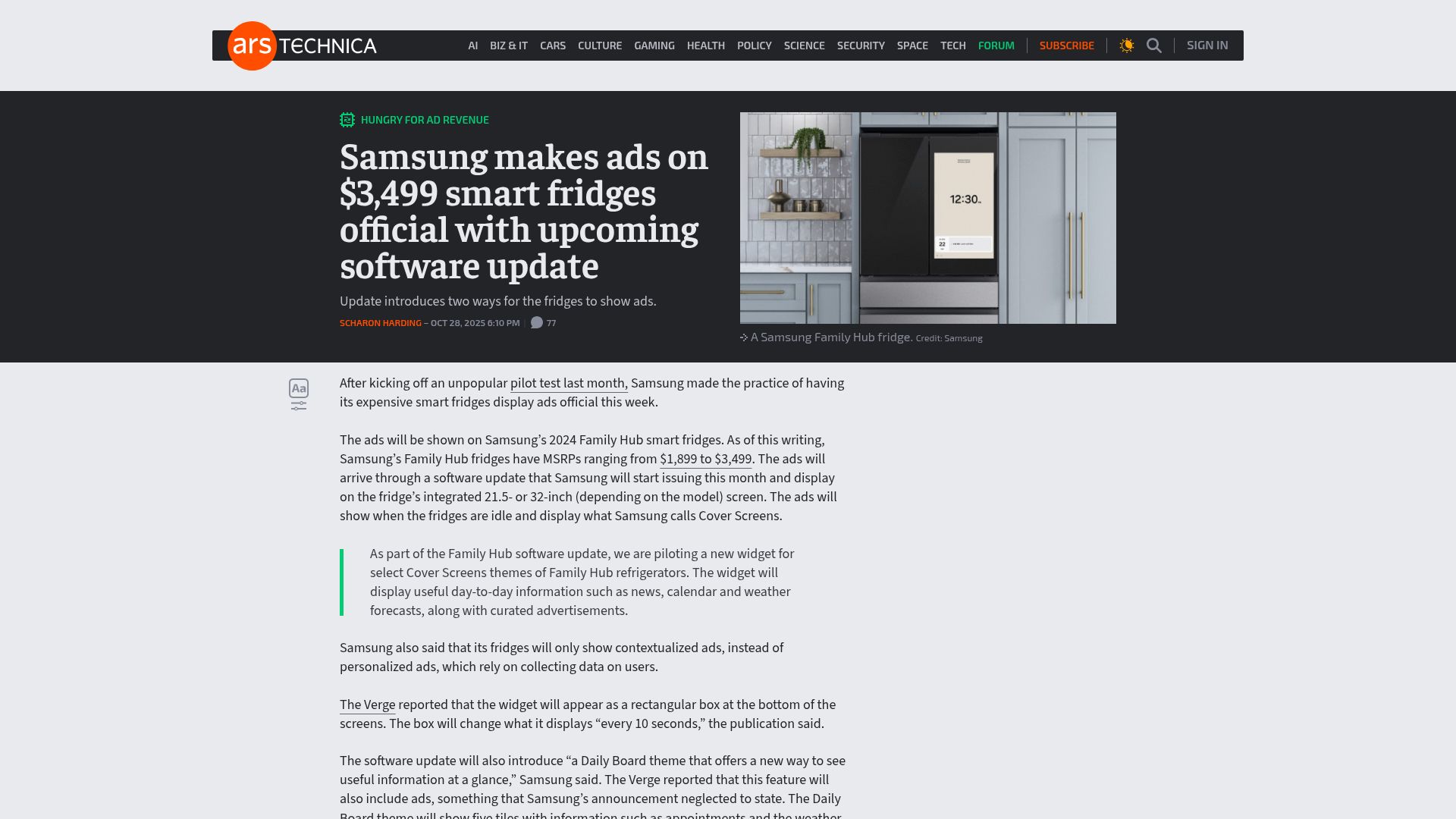 Screenshot of arstechnica.com: Samsung makes ads on smart fridges official with upcoming software update
