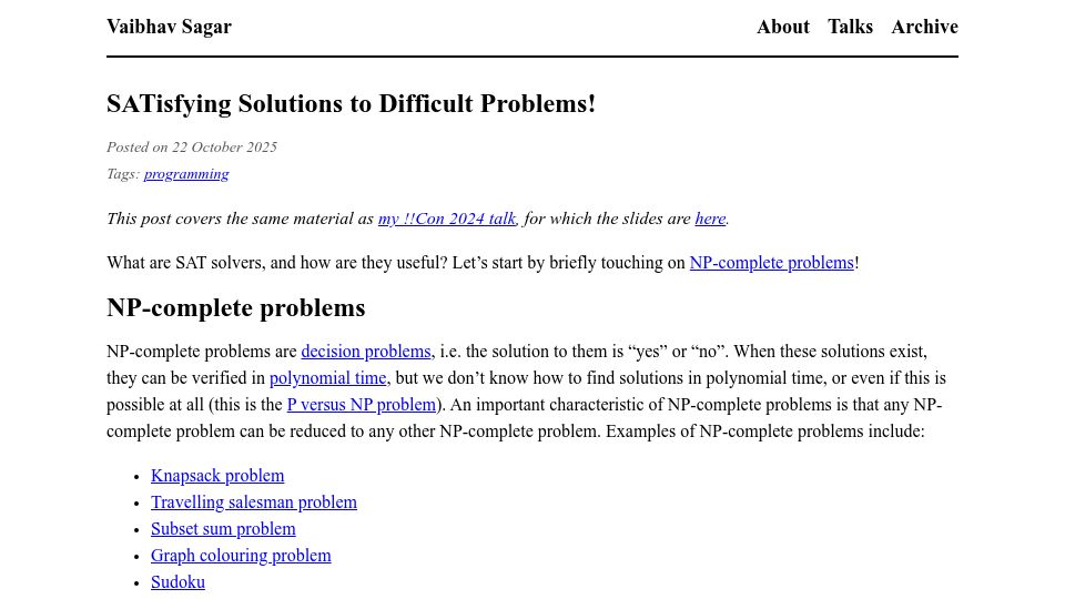 Screenshot of vaibhavsagar.com: SATisfying Solutions to Difficult Problems