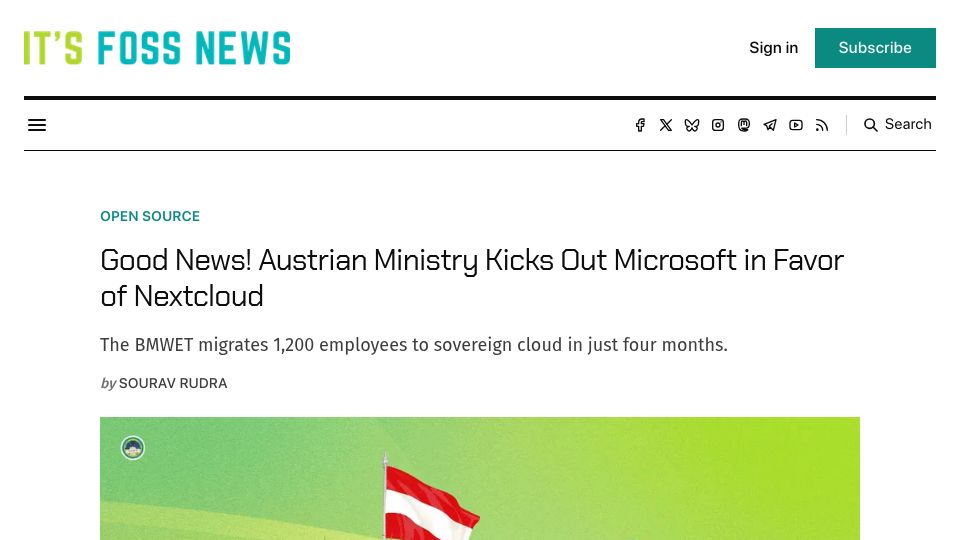 Screenshot of news.itsfoss.com: Austrian ministry kicks out Microsoft in favor of Nextcloud