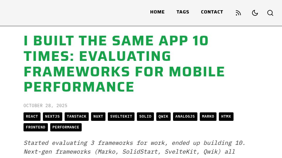 Screenshot of lorenstew.art: I built the same app 10 times: Evaluating frameworks for mobile performance