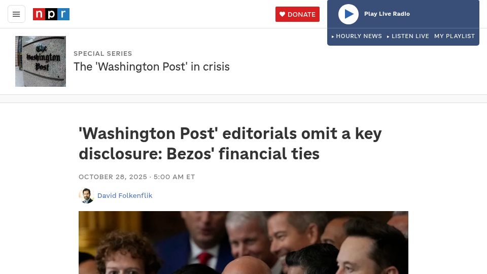 Screenshot of npr.org: Washington Post editorials omit a key disclosure: Bezos' financial ties