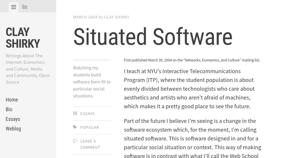 Screenshot of shirky.com: Situated Software – Clay Shirky (2004)