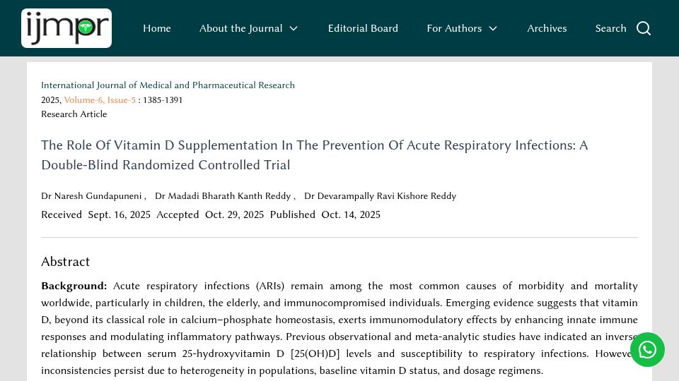 Screenshot of ijmpr.in: Vitamin D reduces incidence and duration of colds in those with low levels