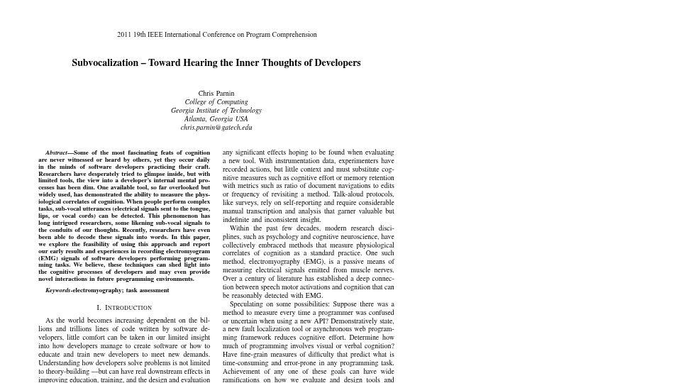 Screenshot of chrisparnin.me: Subvocalization: Toward Hearing the Inner Thoughts of Developers (2011) [pdf]