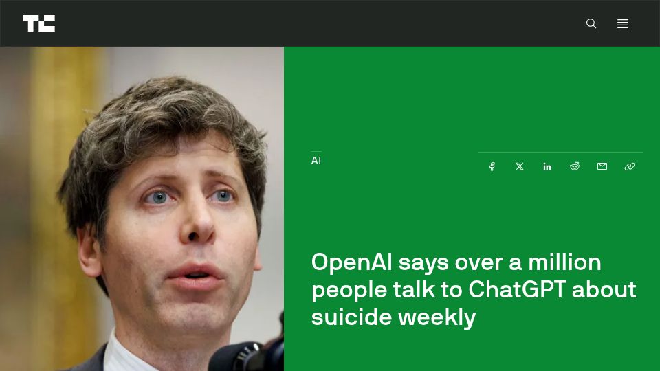 Screenshot of techcrunch.com: OpenAI says over a million people talk to ChatGPT about suicide weekly