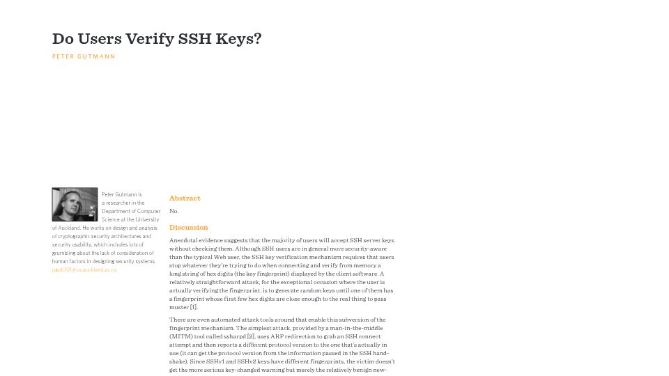 Screenshot of usenix.org: Do Users Verify SSH Keys? (2011) [pdf]