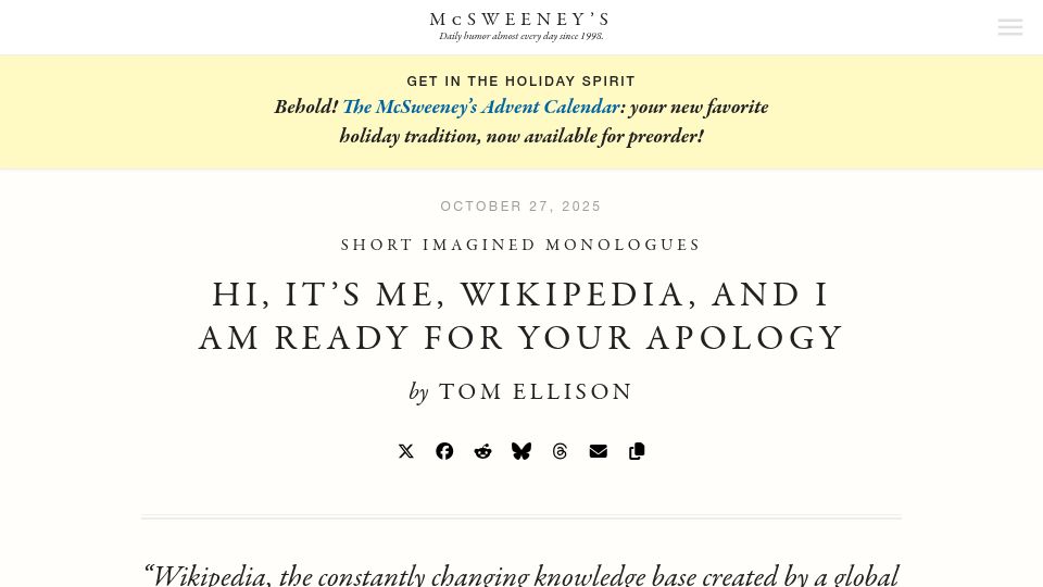 Screenshot of mcsweeneys.net: Hi, It's Me, Wikipedia, and I Am Ready for Your Apology