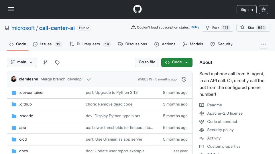 Screenshot of github.com: Microsoft Releases AI Call Center Stack with Voice, SMS, and Memory