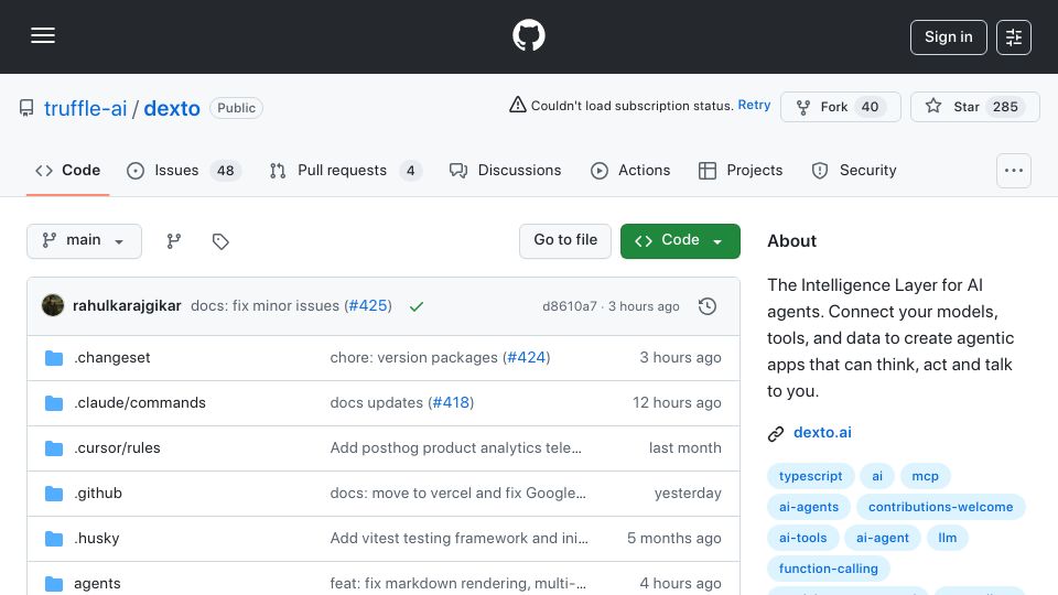 Screenshot of github.com: Show HN: Dexto – Connect your AI Agents with real-world tools and data