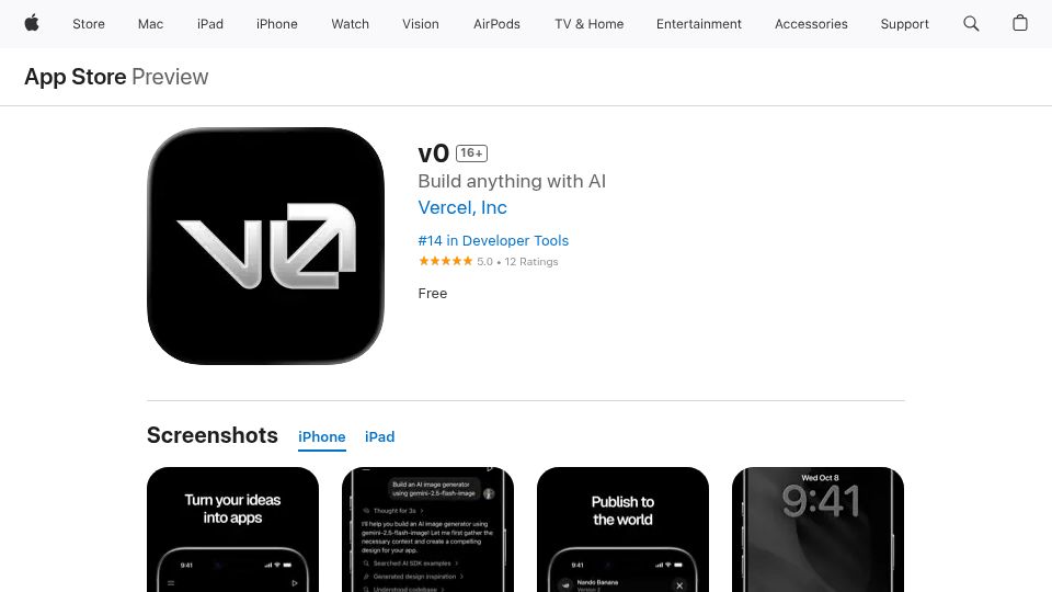 Screenshot of apps.apple.com: v0 for iOS – Build anything with AI